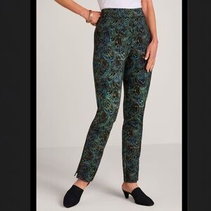 Soft Surroundings Marbled Print Peacock Black Ponte Knit Pull-On Pants Sz Medium